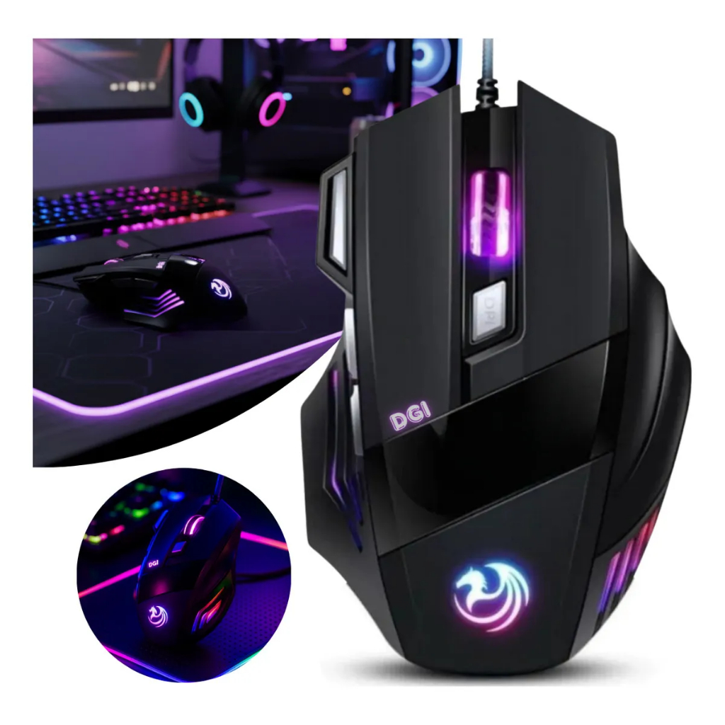 Mouse Gamer Óptico 3.200 DPI com LED RGB, 7 Botões e 4 Velocidades - Ergonômico, USB, Preto