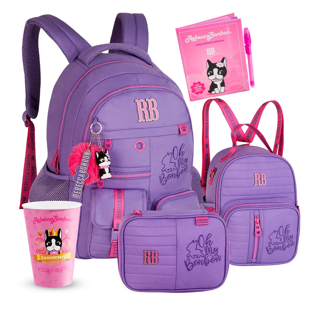 Kit Mochila Rebecca Bonbon Escolar Juvenil Meninas Estojo Box Lancheira Térmica RB 2 em 1