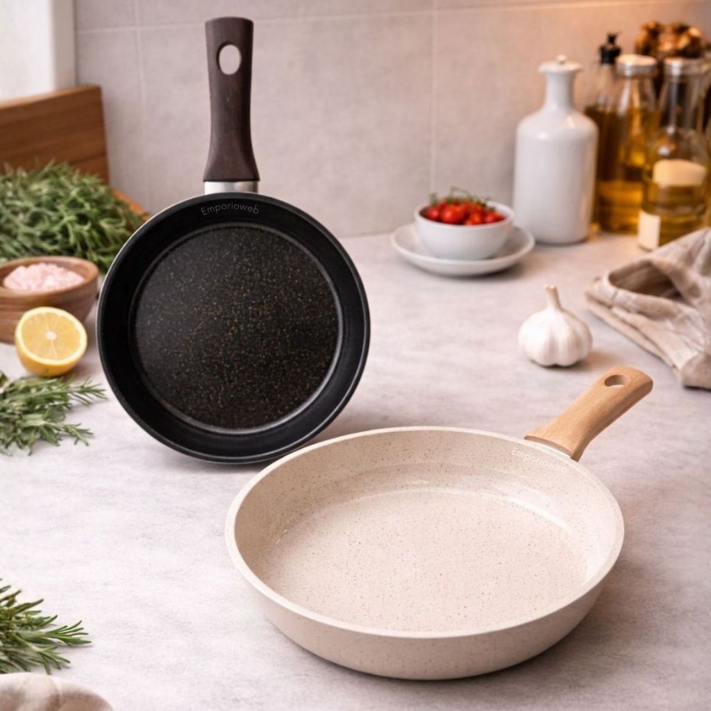 Frigideira Cerâmica Antiaderente Indução e Gás Granito 24cm Panela Cabo Amadeirado Revestimento