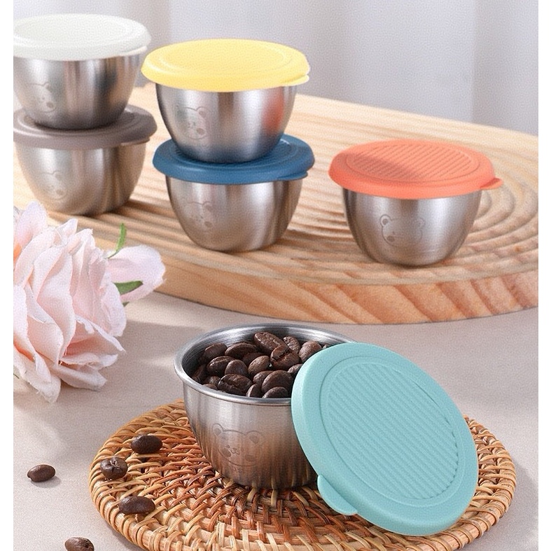 Tigela Bowl Mini Inox Com Tampa De Silicone Prato De Molho Tempero Essencial Multiuso Cozinha