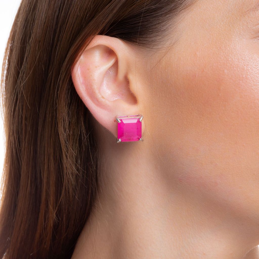 Brinco Quadrado Rosa Pink ou Turmalina Verde Banhado a Ródio Branco ou Ouro 18k Feminino Semi Joias