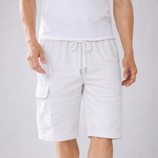 Bermuda Moletom Masculina Bolso Cargo Bainha Dobrada Casual Algodão amarração externa Poliéster