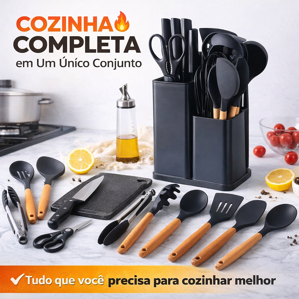 Conjun Utensílios de Cozinha Silicone 19 Peças Cabo Madeira Kit  Antiaderente  Facas Suporte e Tábua