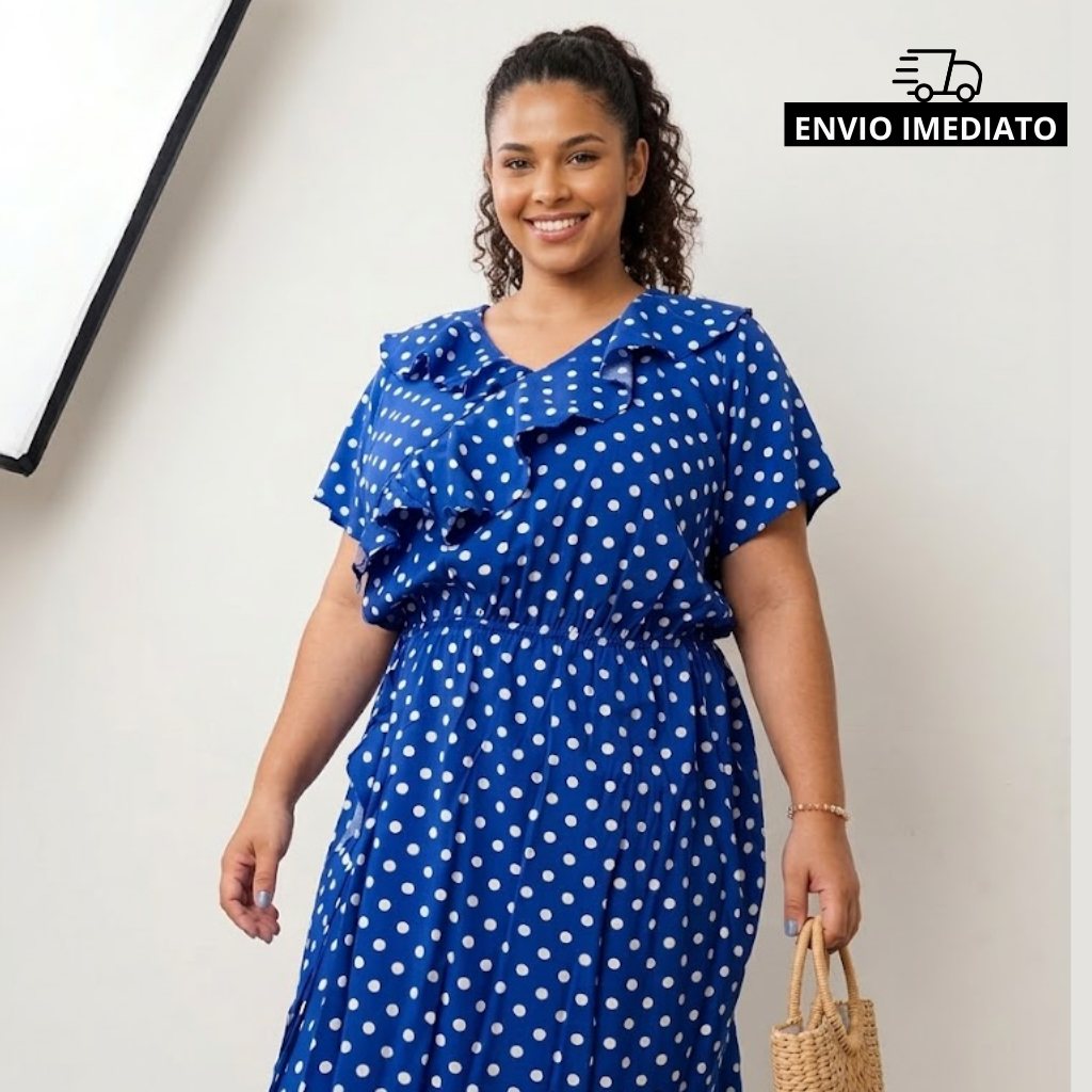 Vestido Midi Plus Size Poá Azul Decote Transpassado Elástico Na Cintura Veste 46 ao 54 G1 AO G2