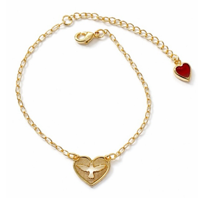 Pulseira Espírito Santo Feminina Folheada Ouro 18k Elo Cadeado Antialérgica Com Extensor e Coração Delicada