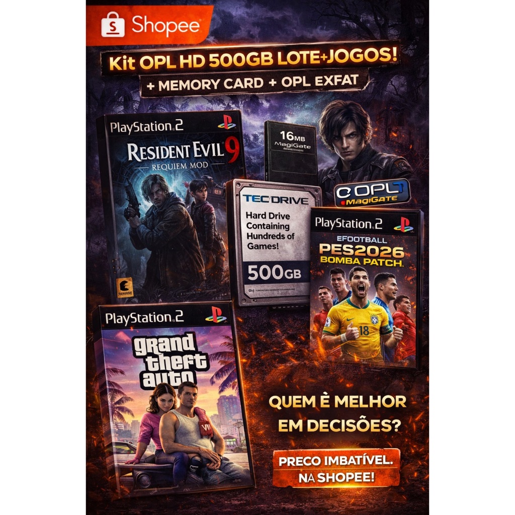 Kit PS2 OPL HD 500GB Lotado de Jogos + Memory Card 16MB | GTA 6, Resident Evil Requiem, Bomba Patch 2026 | Pronto Pra Jo