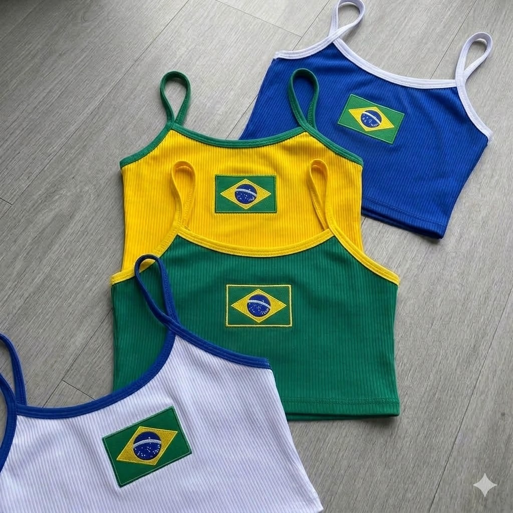 Kit 3 Cropped Regata Brasil Bandeira Feminina Estampado Alta Qualidade Canelado