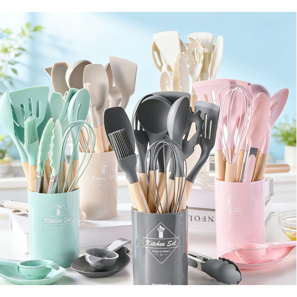 KIT de Utensílios de Cozinha 12 Peças Silicone e Bambu | Novo 2025 | Resistente ao Calor e Ecológico