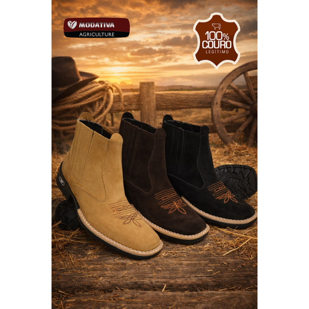Botina Texana Masculina Bota Country Couro Nobuck Legitimo Bico Quadrado Marrom Preta Amarela