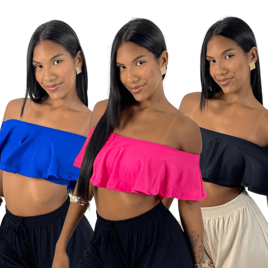 KIT 3: Cropped Feminino Ciganinha Ombro a Ombro Babado com Top Por Baixo em Suplex Premium