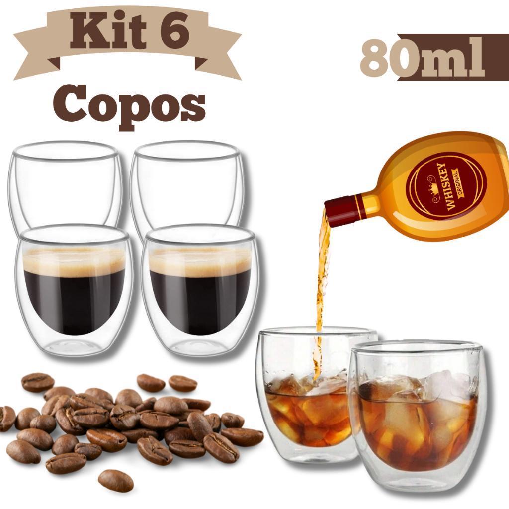 Kit 2/4/6 Copo Parede Dupla Vidro Borasilicato 80ml - Não Queima o Dedo - Café Chá Whisky ...