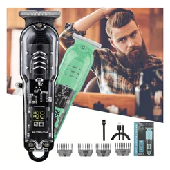 Máquina de Corte Profissional Masculina Recarregável LCD Transparente Sem Fio