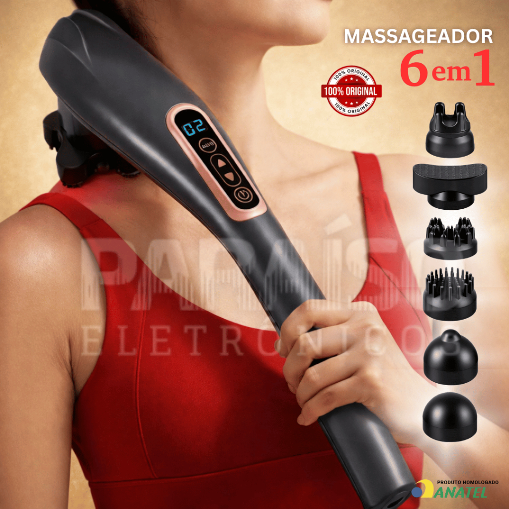 Massageador Elétrico 6 em 1 Corporal Potente Ergonômico Multifuncional Terapia 10 Velocidades