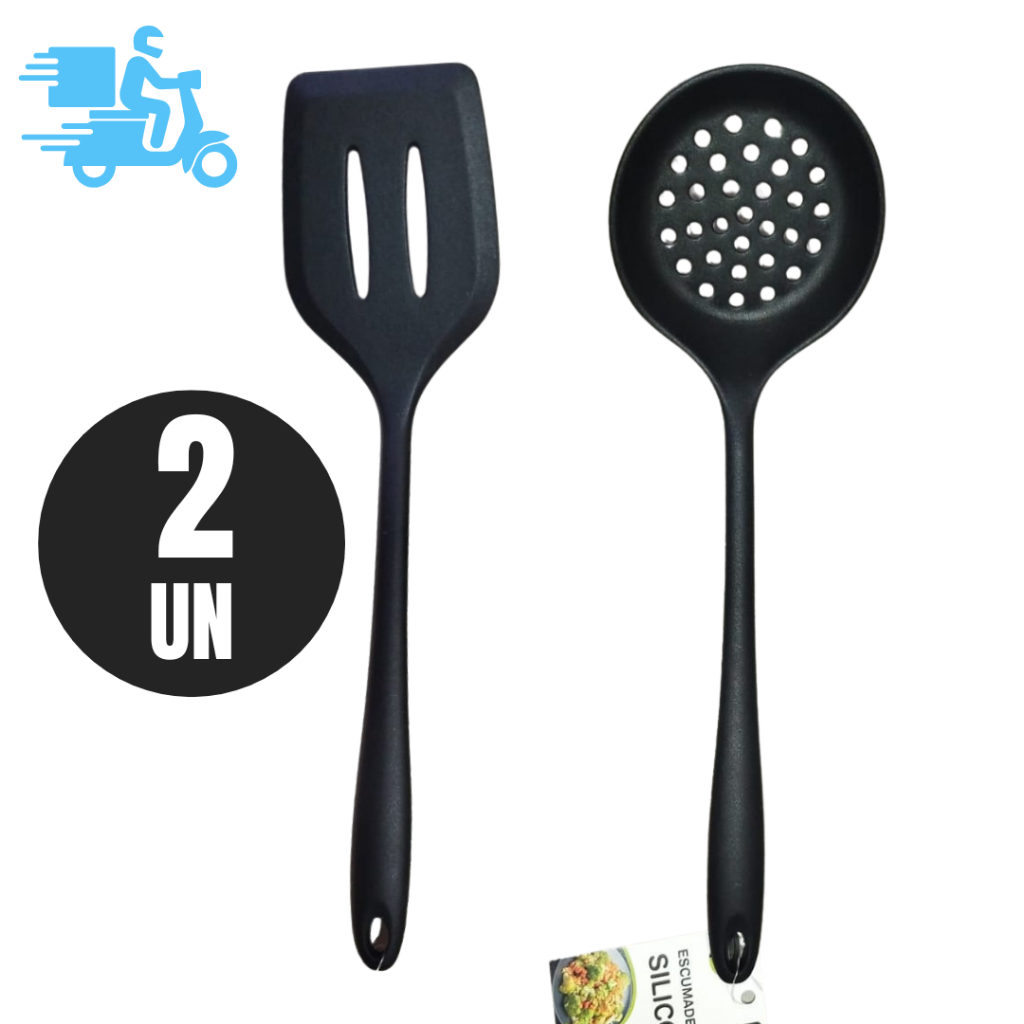2 Unidades Utensílio de Cozinha Na Cor Preta Escumadeira e Espátula Vazada  ou 1 Unidade Espátula