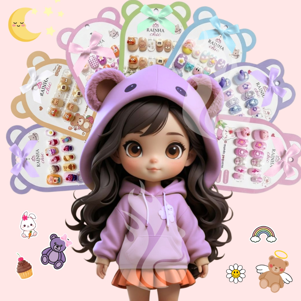 Unha Postiça Kids 12 Unidades - Fácil Uso Infantil Diversos Modelos Decorados Rainha Chic