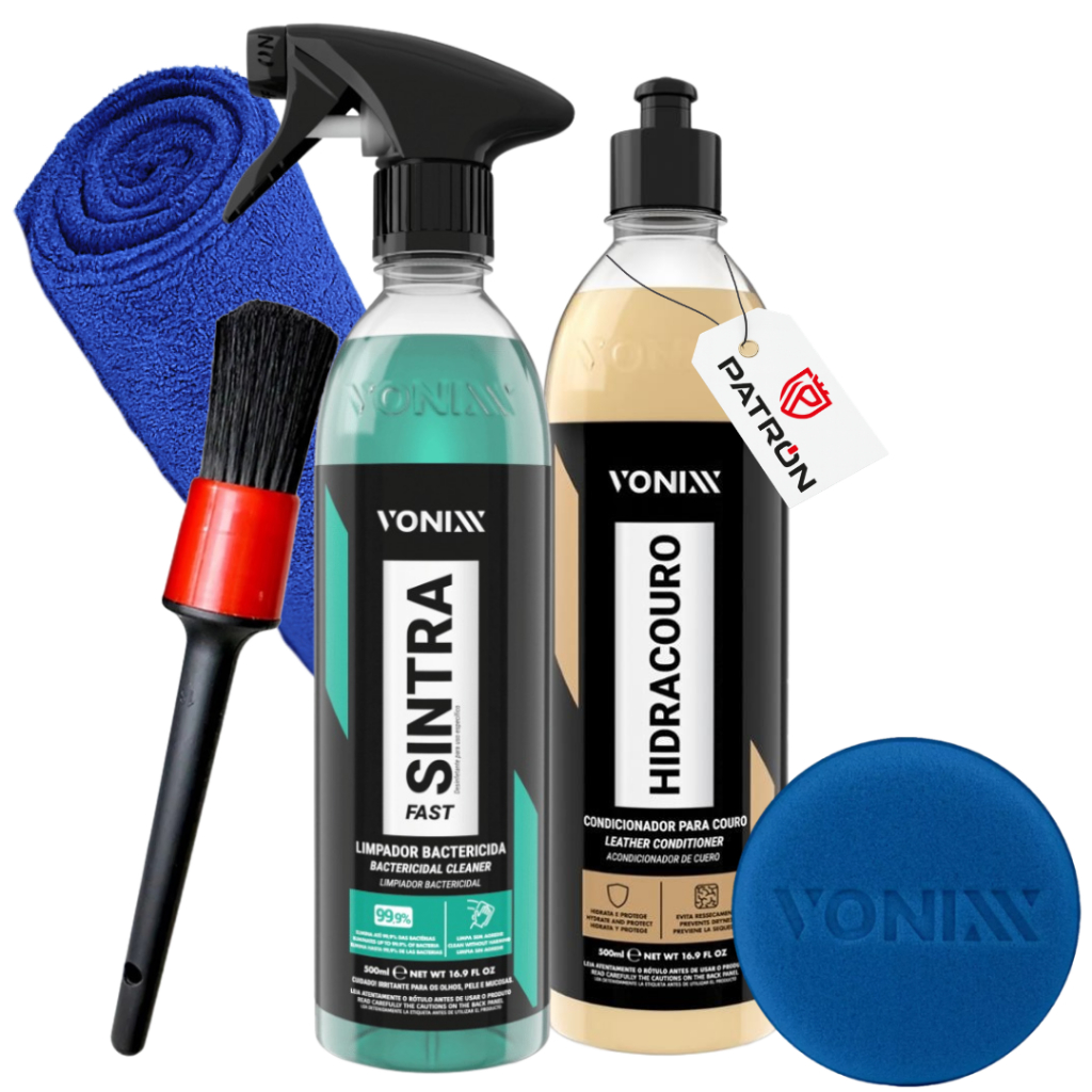 Kit Vonixx Sintra + Hidra Couro Limpeza Interna Carro + Microfibra + Pincel + Ap