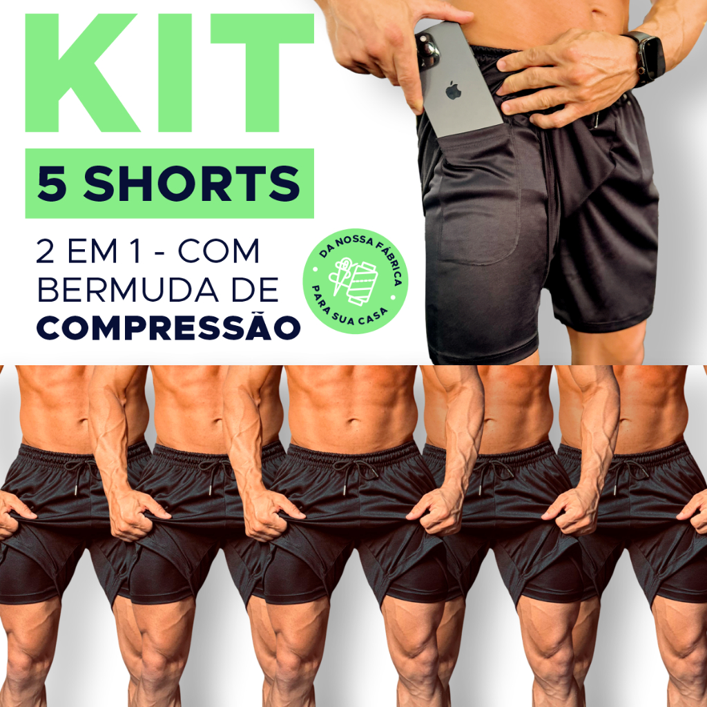 Kit 5 Shorts Masculino 2 Em 1 Academia Corrida Treino Bolso em Oferta na Shopee