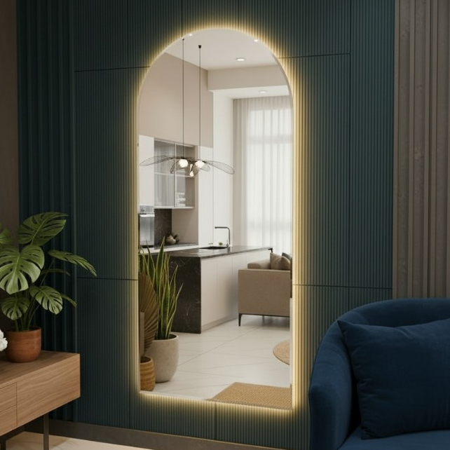 Espelho Decorativo Arco Com LED Orgânico Moderno Penteadeira Camarim Suíte Lavabo Hall Premium