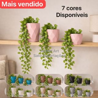 Decoração Elegante com Trio de Vasos Geométricos em Relevo e Plantas Pendentes Artificiais 9C