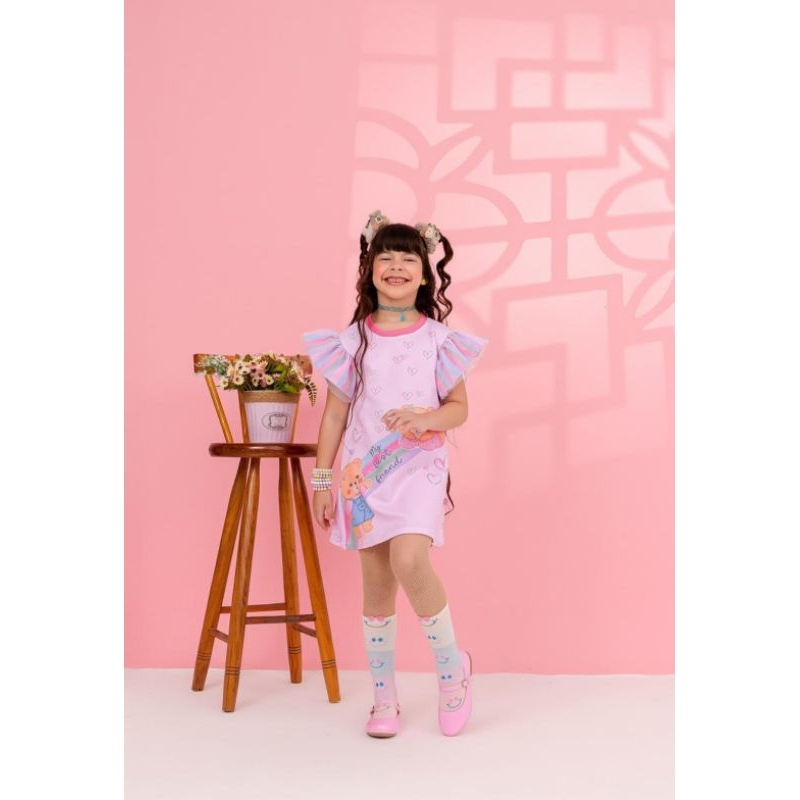 vestido trapézio  com manga fluida com tule estampa em strass vestido delicado passeio  menina delicada