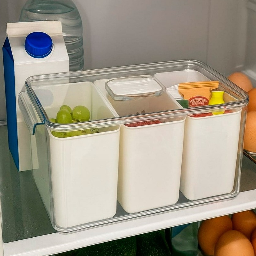 Pote Caixa Organizador de Geladeira e Despensa 5,7L com 3 Divisórias Transparente