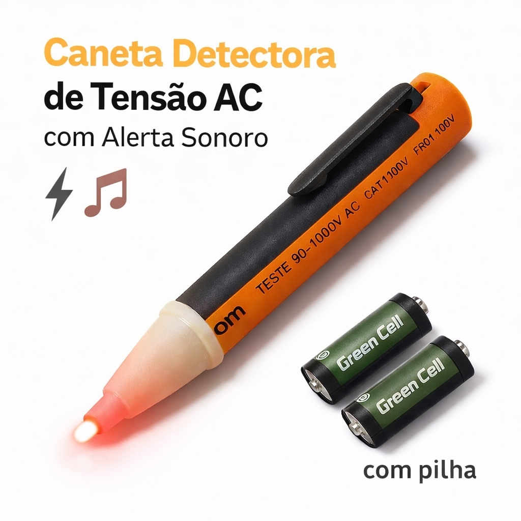Caneta Detectora de Tensão AC 90-1000V com Alerta Sonoro e LED FEPRO-DT90 Detecta Fase