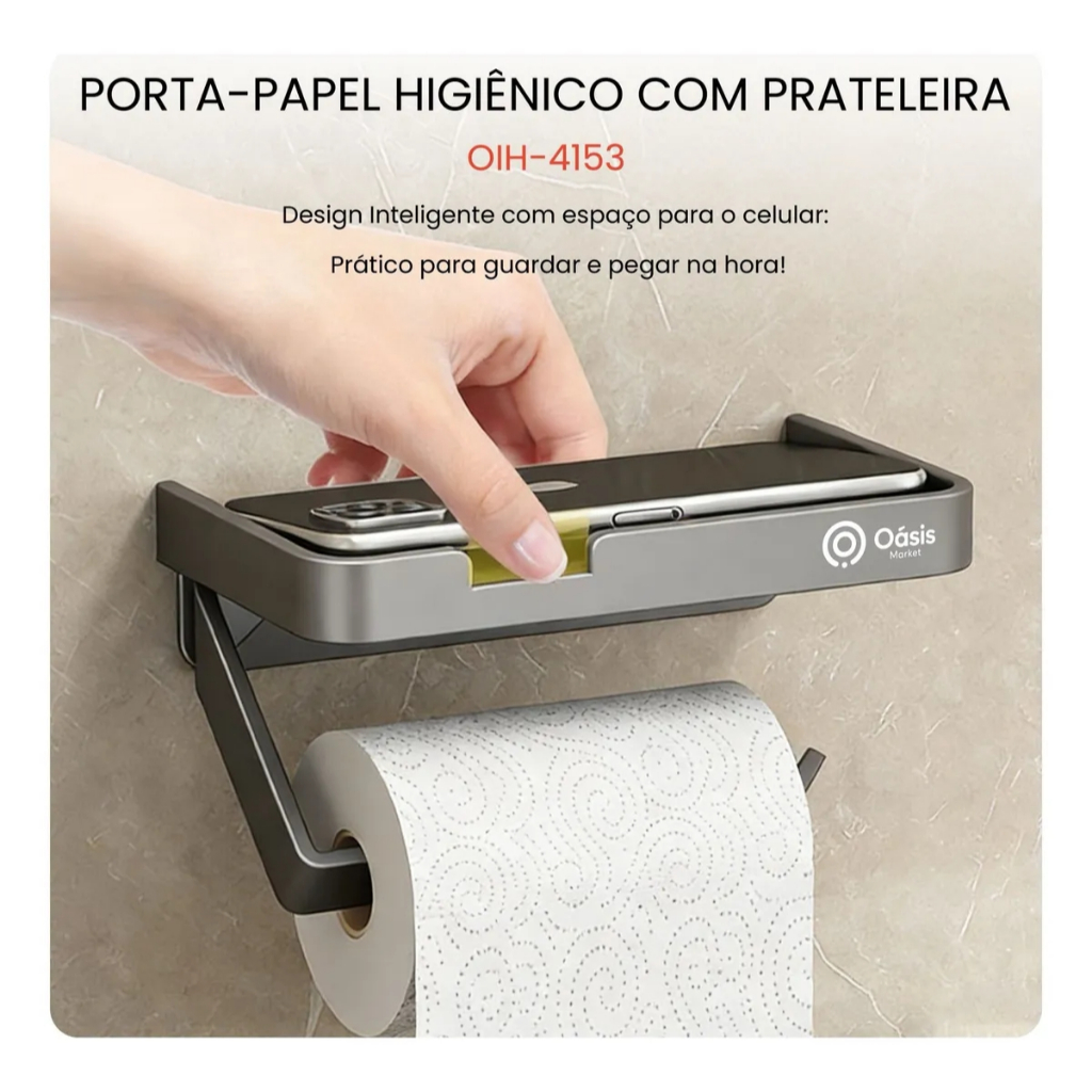 Suporte Porta Papel Higiênico Banheiro com Prateleira Alumínio Preto Fosco 17,5cm OIH-4153