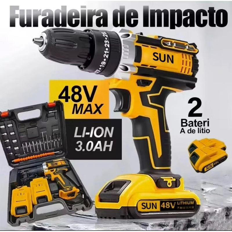 Parafusadeira Furadeira 48V Sem Fio + 2 Baterias Kit Completo Profissional Bivolt