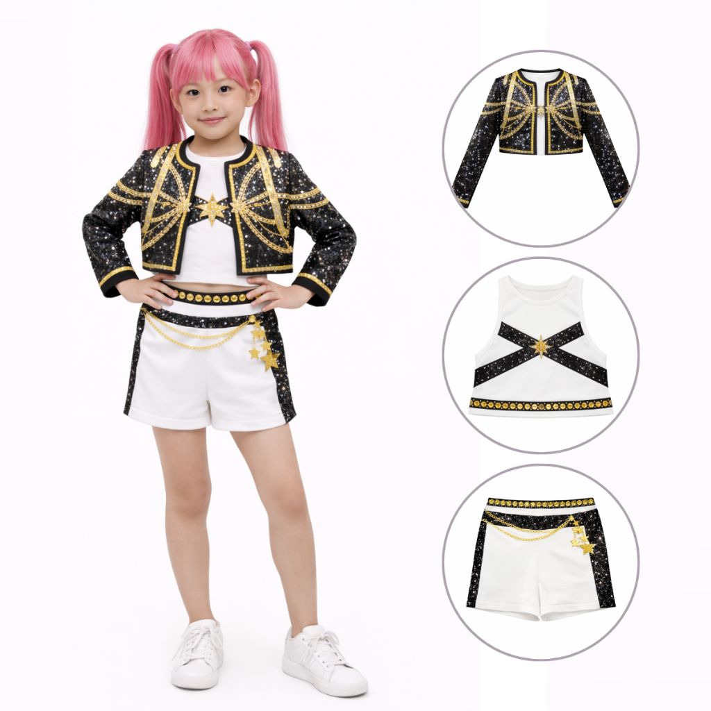 Traje Cosplay Menina Rumi Hunter Guerreiras do K-Pop 3 Peças Jaqueta Camisa Short Show Festas Aniversário Escola