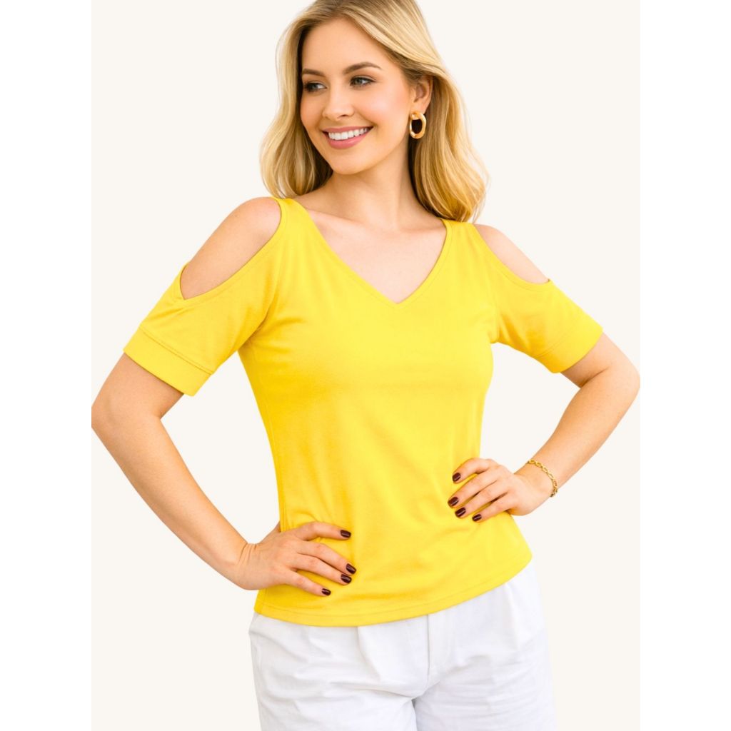 Blusa Viscolycra Off Shoulder Ombro Vazado Recorte Punho Verão Elegante Cor Sólida