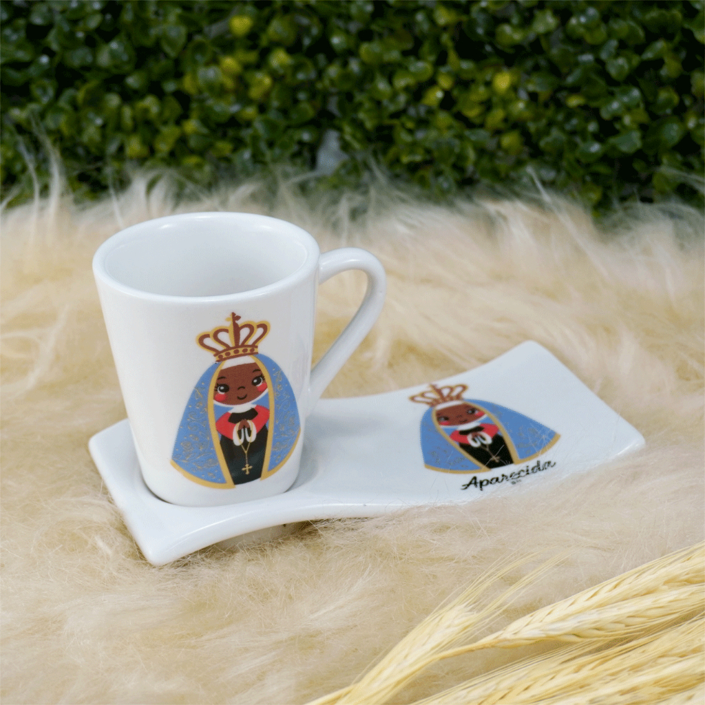 Kit Xícara Caneca Porcelana 120ml Café/Chá + Pires Ondulado Nossa Senhora Aparecida Sortidos