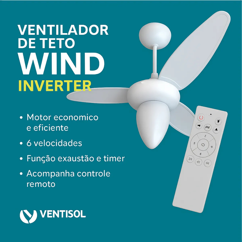 Ventilador De Teto Wind 3 Pás Controle Globo Pêra Branco Bivolt Ventisol