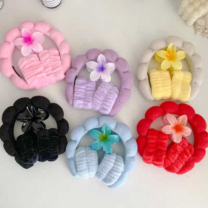 Kit 3 Faixa de Cabelo Spa + Toalhinha de Pulso Flor + piranha flor 8cm / Skincare, Maquiagem e Banho Super Macio