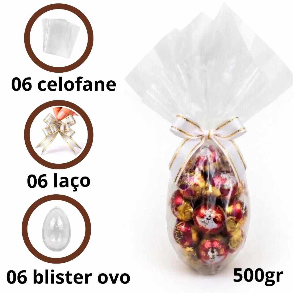 Kit 6 Blister Ovo Páscoa 500g Transparente + Celofane + Laço Embalagem Para Chocolate Ovo Recheado Confeitaria Gourmet em Oferta na Shopee