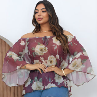 Blusa de Tule Feminina Cigana Ombro a Ombro Plus Size Estampado 48/52 Tendencia em Oferta na Shopee