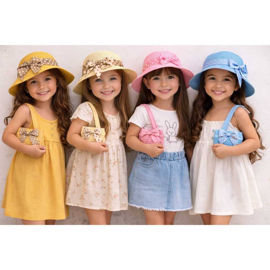 Kit Chapéu + Bolsinha Menina Infantil de Praia de Criança Várias Opções de Cores