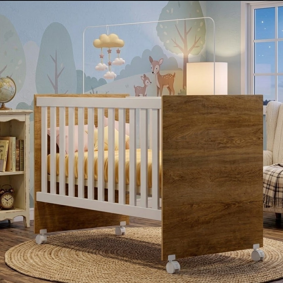 Berço Life 2 em 1 Rodízios Design Moderno MDF Suporte Mosquiteiro Compacto Quarto Infantil Incluso Colchão - AV