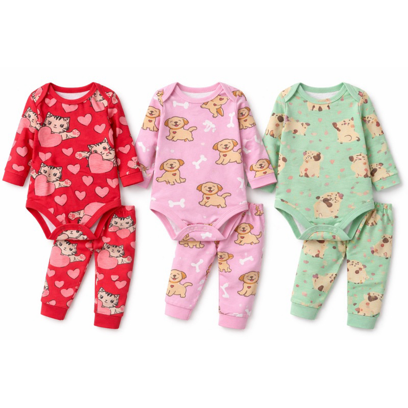 Kit 3 Conjuntos Bebê Inverno Body Manga Longa + Calça Cotton Infantil Estampas Sortidas