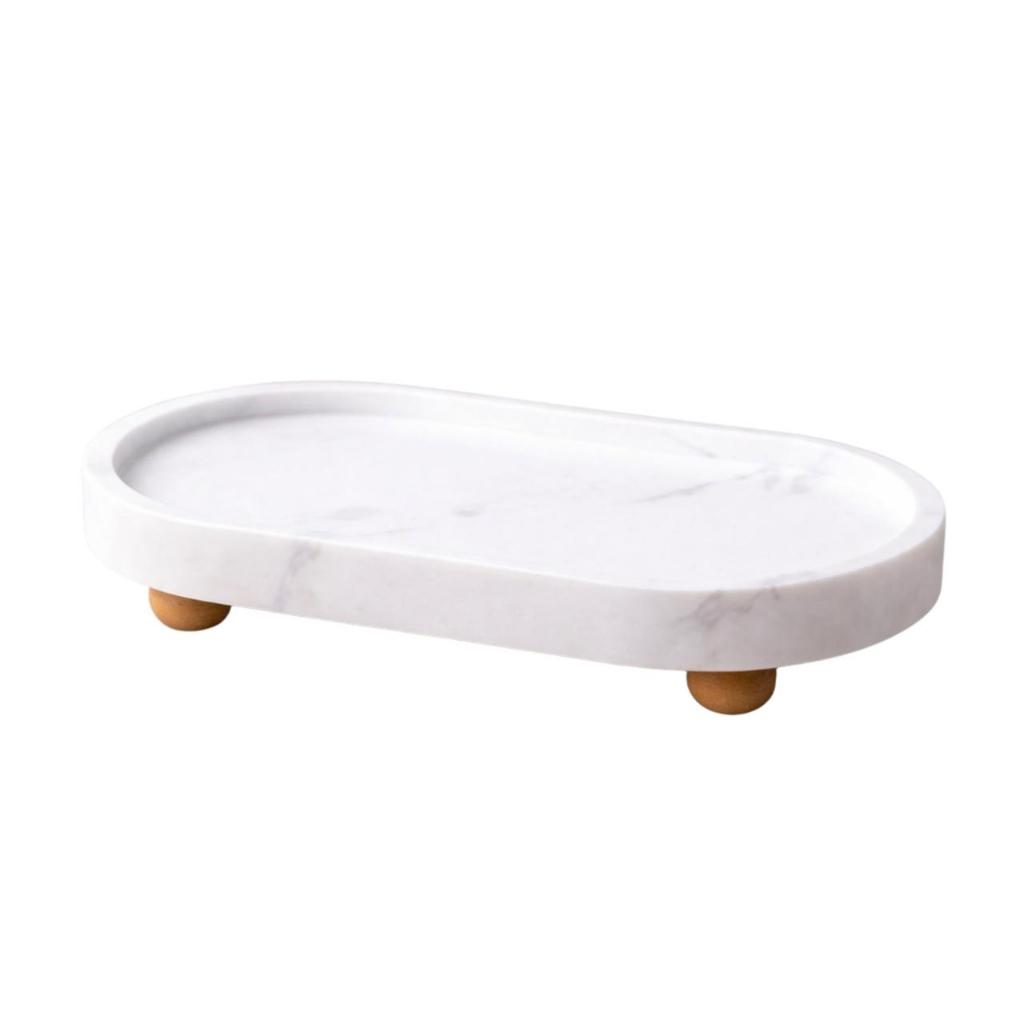 Bandeja Decorativa Oval com Pe Branca Marmorizada 17,5x9,2cm Porta Joias Sabonete Resina Banheiro
