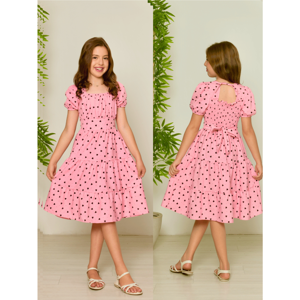 Vestido Infantil Midi Estampa Coração Laço nas Costas Manga Princesa Tamanhos 10 ao 16 Moda Juvenil em Oferta na Shopee