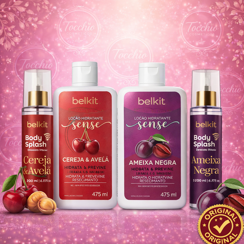 COMBO BELKIT Loção Hidratante + Body Splash - Cereja e Avelã  ou Ameixa Negra - Desodorante Perfume