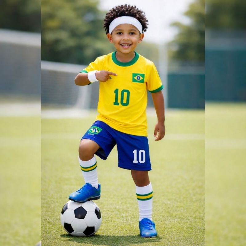 Conjunto Infantil do Brasil – Camiseta + Bermuda Uniforme Copa Amarela