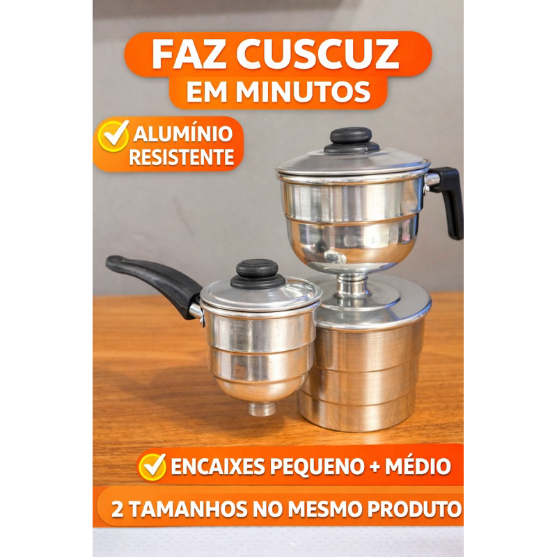 Cuscuzeira Alumínio Polido 2 Tamanhos no Mesmo Produto|Panela de Cuscuz com Tampa Resistente|Promoçao e Frete Grátis