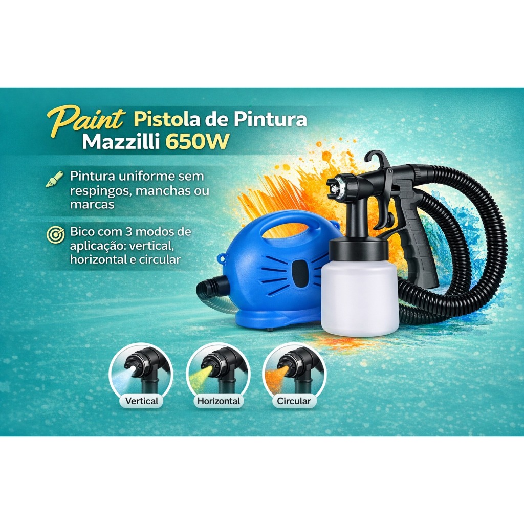 Paint Pistola de Pintura Mazzilli 650W – Acabamento Profissional, Portátil, com Compressor e Alça