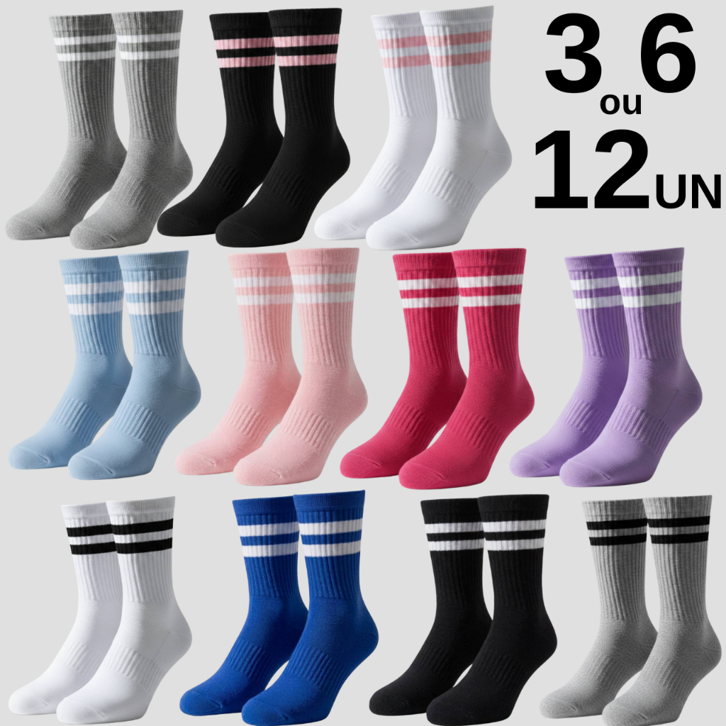 Meia Cano Alto Listrada em Algodão Academia e Corrida - Promoção ! em Oferta na Shopee