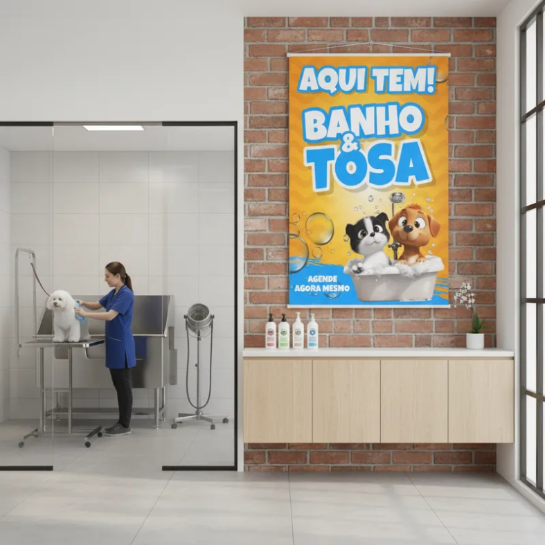 Banner Design Atrativo Grande Faixa Lona Qualidade Premium Aqui Tem Banho Tosa Pet Shop 100x70