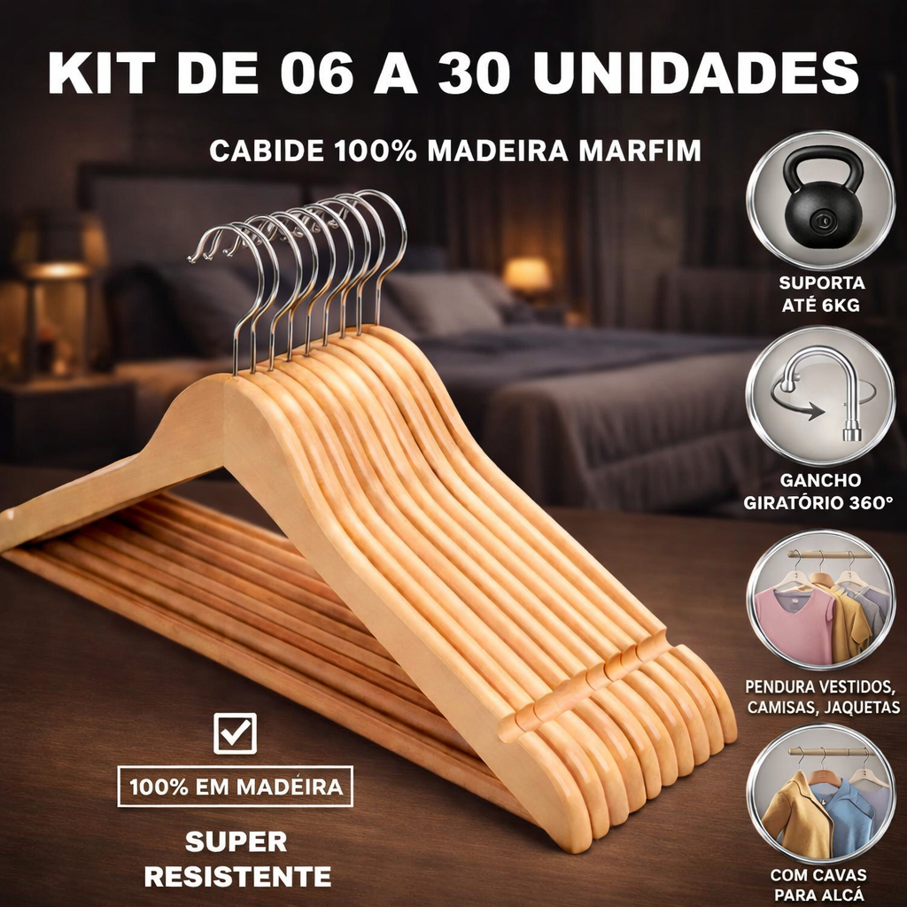 Kit 30 120 Cabides Madeira Premium Marfim Roupas Calça Gancho Cromado Antideslizante Durável Closet