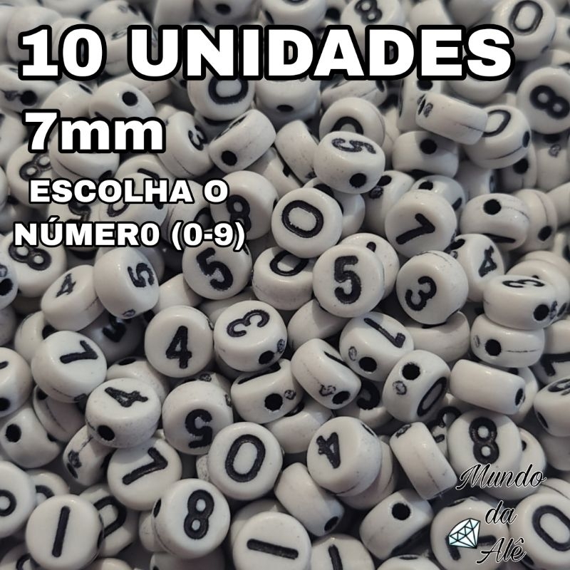 10 Miçangas Números 0 a 9 7mm Branco com Preto – Escolha os Números Para Pulseira Infantil