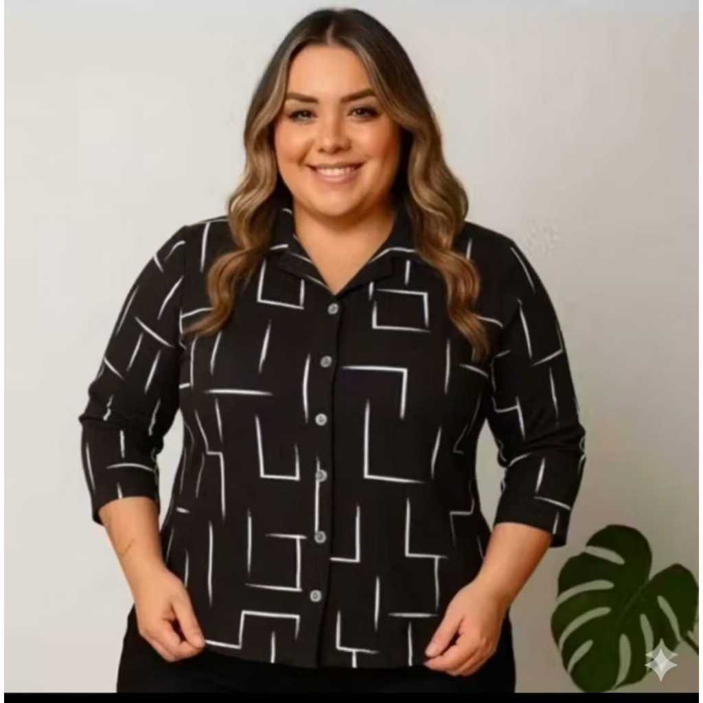 Camisa Feminina Plus Size Manga 3/4 Botões Funcionais Moda Coringa Leve e Confortável, modela corpo