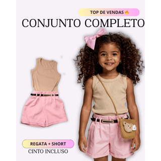 Conjunto Infantil Menina Regata Ribana + Shorts Alfaiataria com Cinto Moda Blogueirinha 8 ao16 em Oferta na Shopee